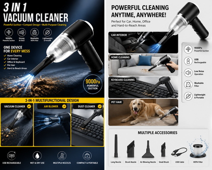 3-in-1 Portable Vacuum Cleaner | 9000Pa Suction | For Car, Home & Office
