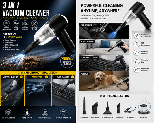 3-in-1 Portable Vacuum Cleaner | 9000Pa Suction | For Car, Home & Office